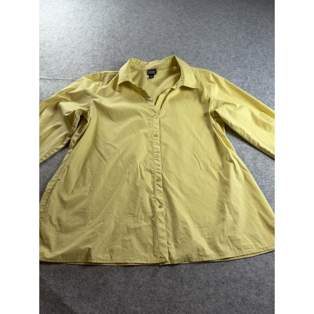 Eileen Fisher Women's L Stretch Cotton Button Up Long Sleeve Yellow Top *Read*
